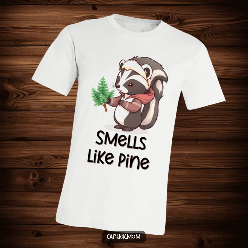 Funny Skunk Parka T-Shirt, featuring a cartoon skunk in a winter coat, holding a small bouquet of pine trees, a quirky apparel choice.