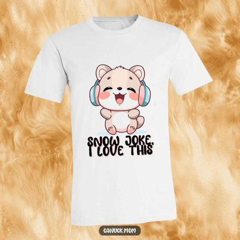 Funny animal t-shirt wearing earmuffs, joyfully catching falling snowflakes, celebrating winter's funny embrace.