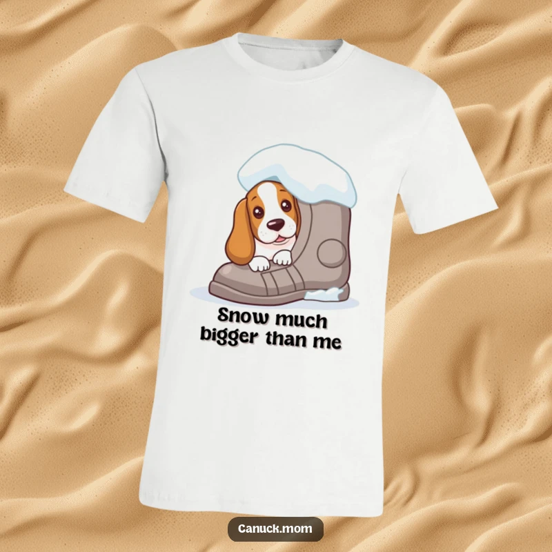 Funny Basset Hound t-shirt featuring a curious peek from behind a giant snowshoe, capturing the playful spirit of winter exploration.
