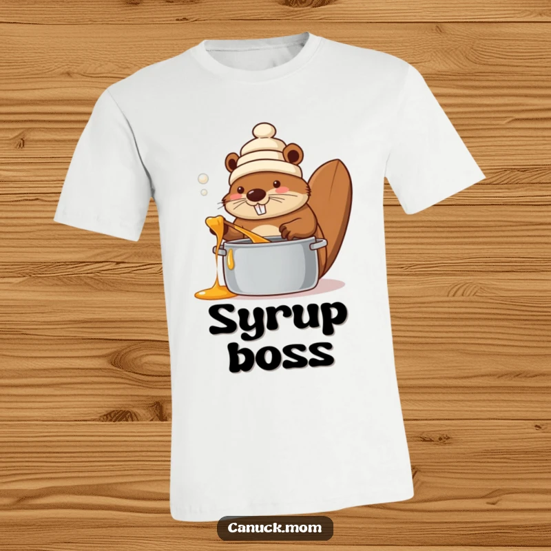 Funny beaver in a toque stirring maple syrup, printed on a soft cotton t-shirt, showcasing Canadian culinary expertise.