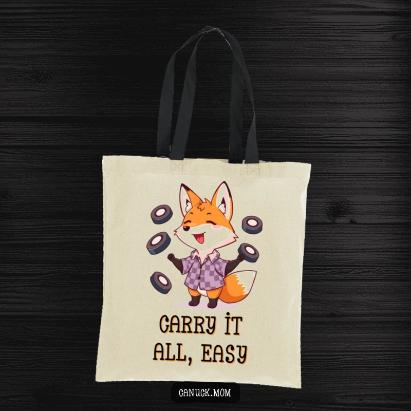 Funny fox juggling hockey pucks in a checkered shirt, a vibrant and humorous tote bag for daily use.