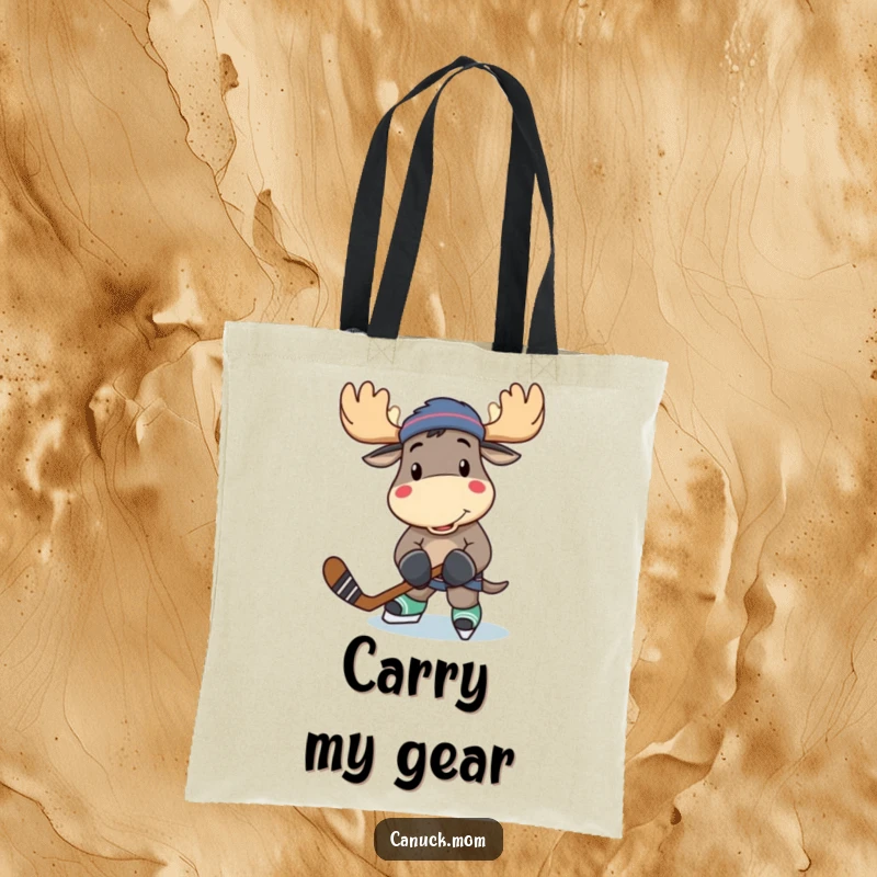 Funny moose character with a hockey stick, ready to play, printed on a durable and stylish tote bag.
