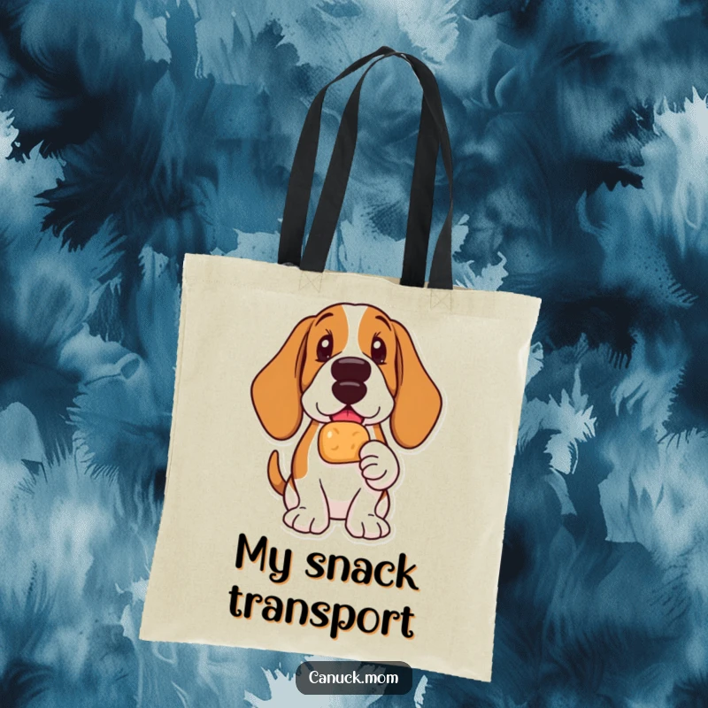 Funny Basset Hound tote bag showing a delighted dog holding a Timbit, perfect for carrying essentials with joy.