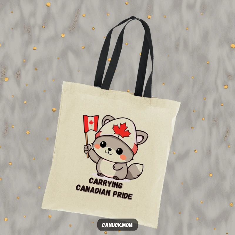 Funny Canadian animal character wearing a toque, waving a tiny Canadian flag, on a stylish tote bag, perfect funny gift.