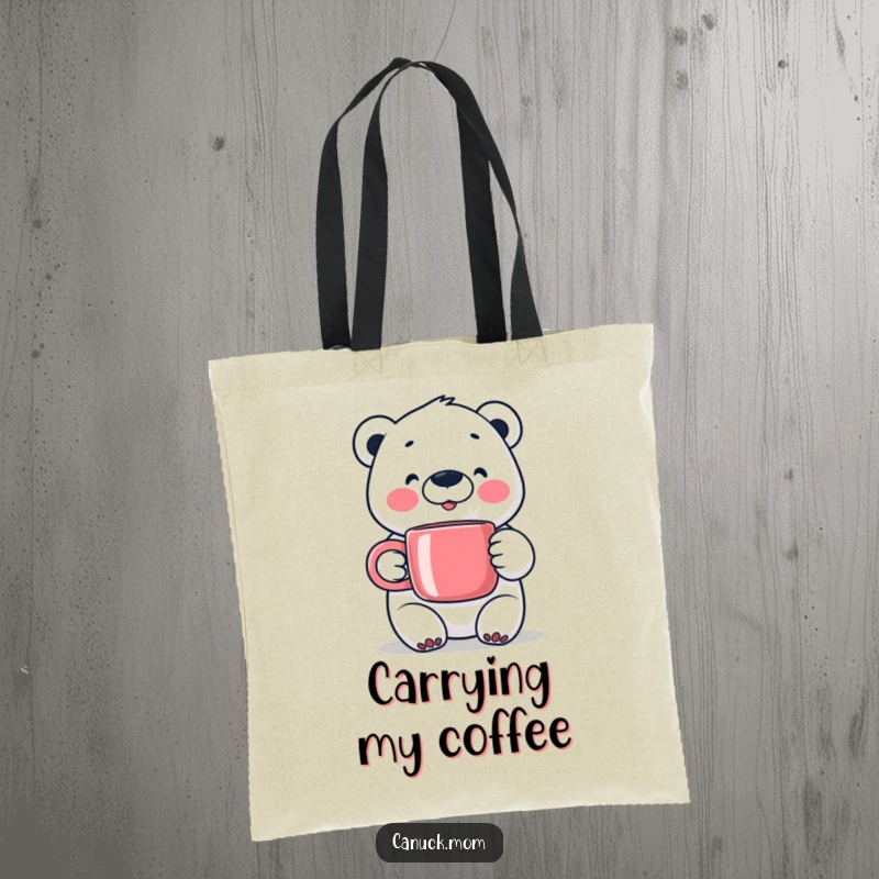 Happy Polar Bear Tote Bag, holding a steaming mug, perfect for carrying essentials with winter cheer.