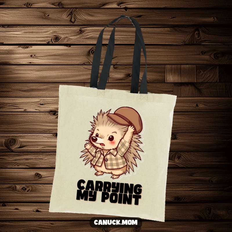 Funny porcupine wearing a plaid shirt, tossing a hat, durable tote bag for shoppers.