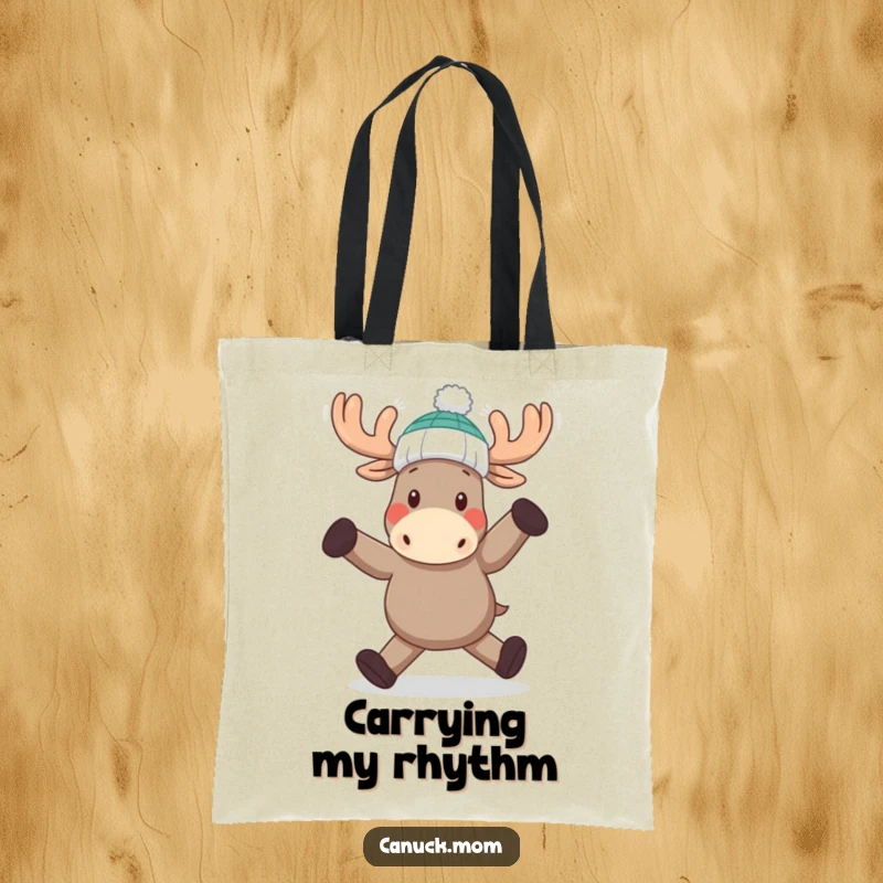 Funny Moose Dance Tote Bag: A cheerful moose in a toque doing a silly dance, perfect for carrying items humorously.