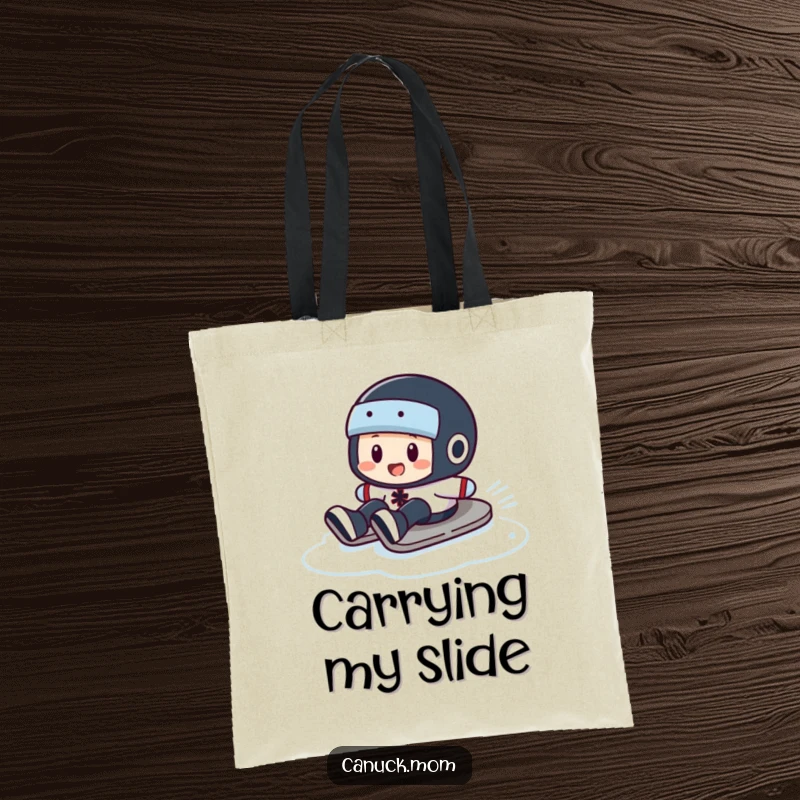 Funny Puck Slide Tote Bag: A durable bag featuring a hockey puck character comically sliding on ice, great for sports fans.