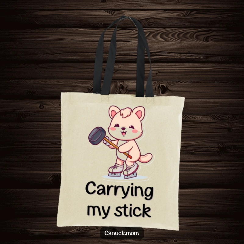 Funny animal with hockey puck and stick skates joyfully, a humorous and practical tote bag.