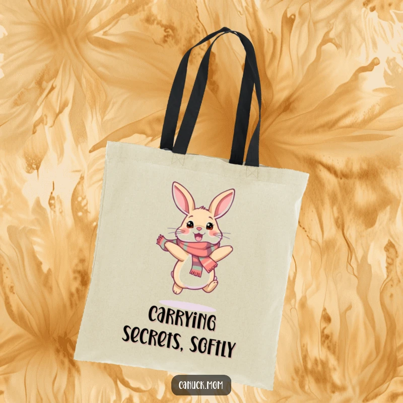 Funny snowshoe hare tote bag depicting a happy bunny in a scarf, hopping excitedly, perfect for carrying items with whimsical winter style.