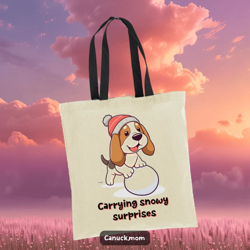 Funny Basset Hound Tote Bag: A dog tripping over a snowball, ready to carry your items.