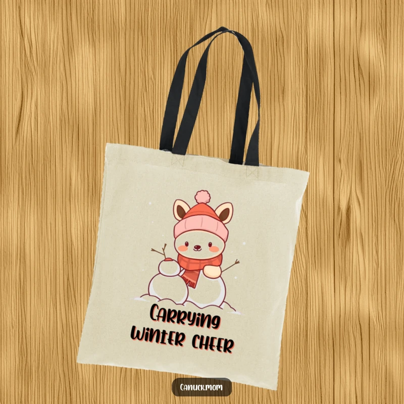Funny animal in a winter hat building a snowman, a humorous and functional tote bag.