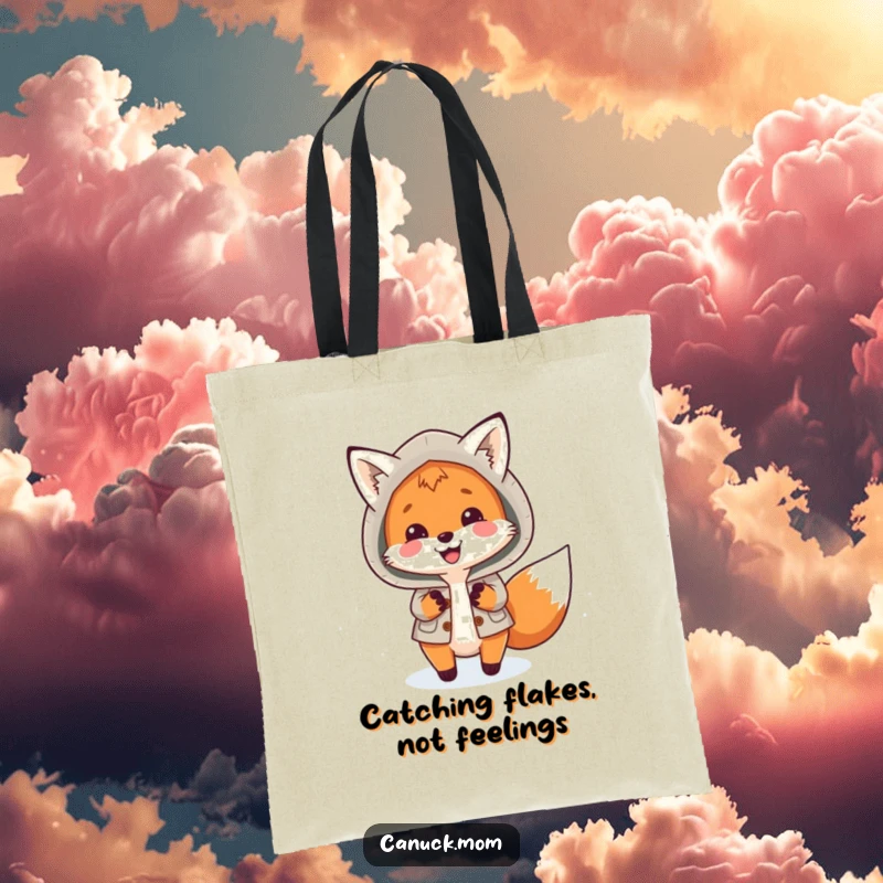 Funny Fox Parka Tote Bag: A smiling fox wearing a warm parka playfully chases snowflakes, making it a cute accessory.