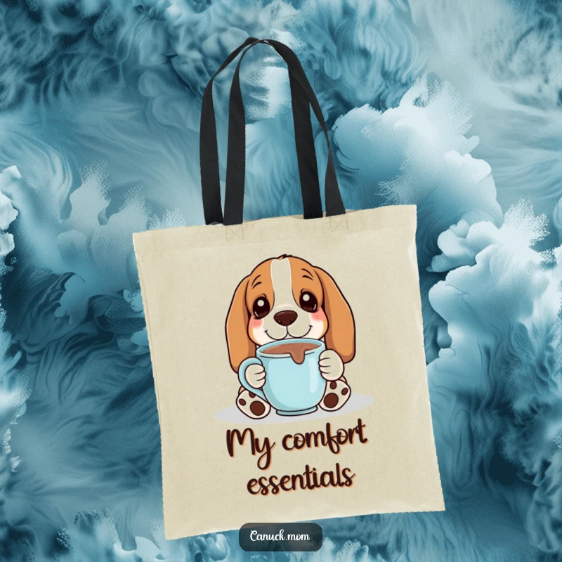A content Basset Hound with a hot chocolate mug is illustrated on this charming and funny tote bag.