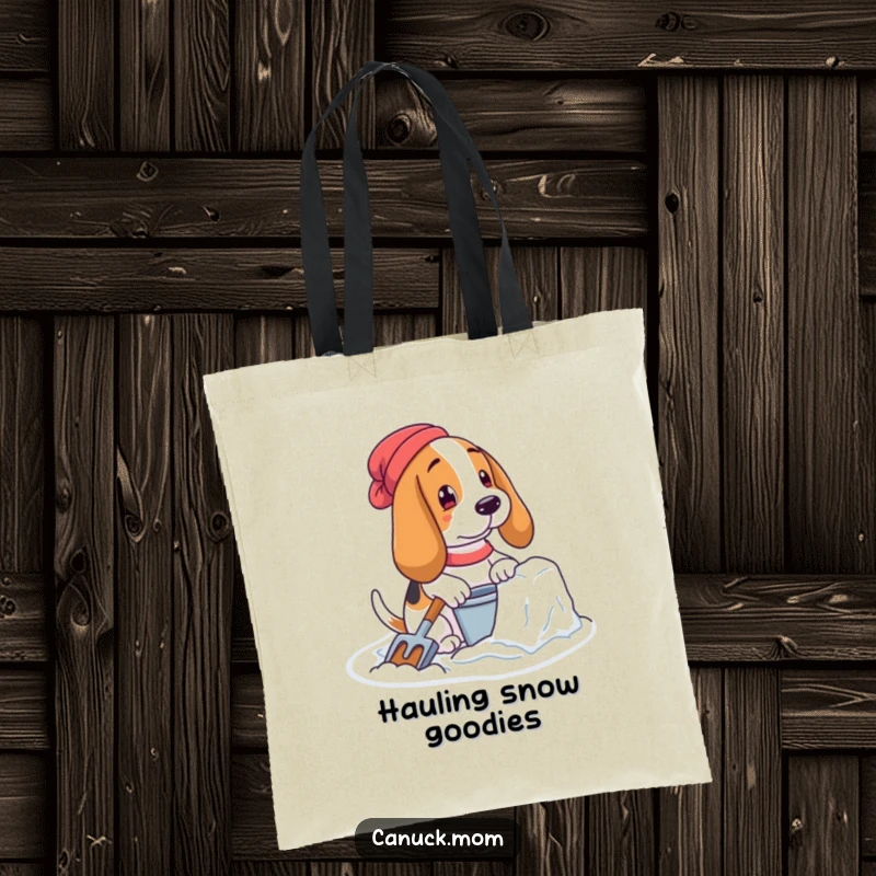Funny Basset Hound Tote Bag: A dog with pail and shovel builds a snow fort, ready for winter.