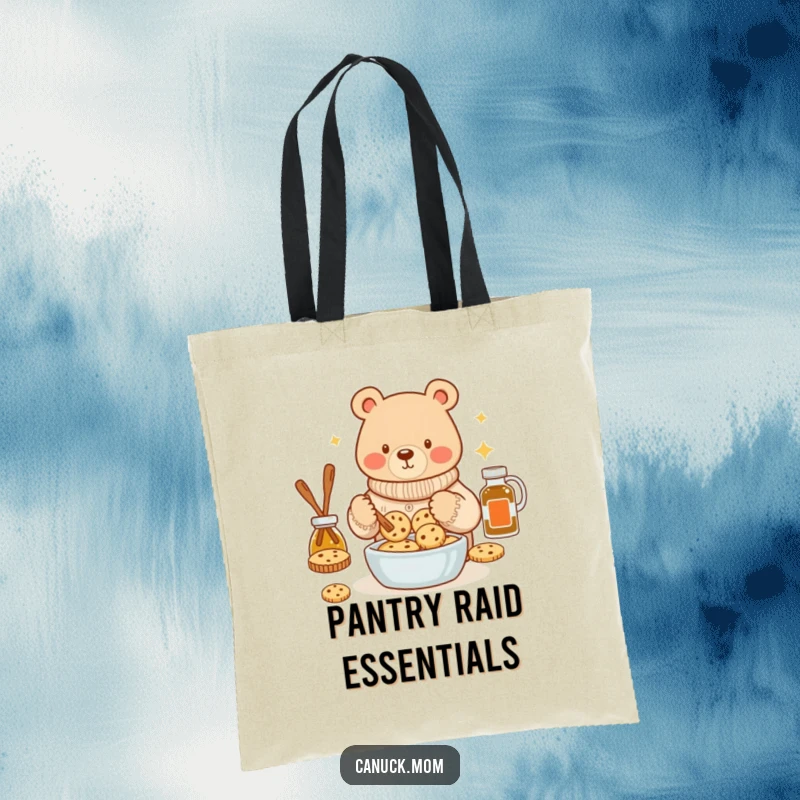 Funny bear in a cozy sweater baking maple syrup cookies on a tote bag, symbolizing homemade goodness and warmth.