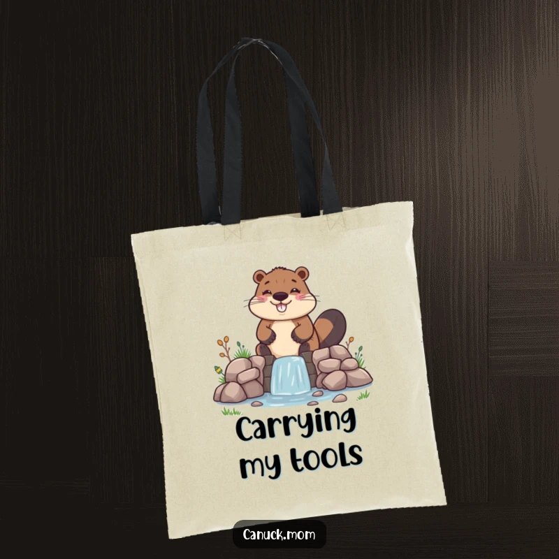 Funny Beaver Tote Bag, showing a cheerful character building a tiny, uneven dam, perfect for humorous shopping.