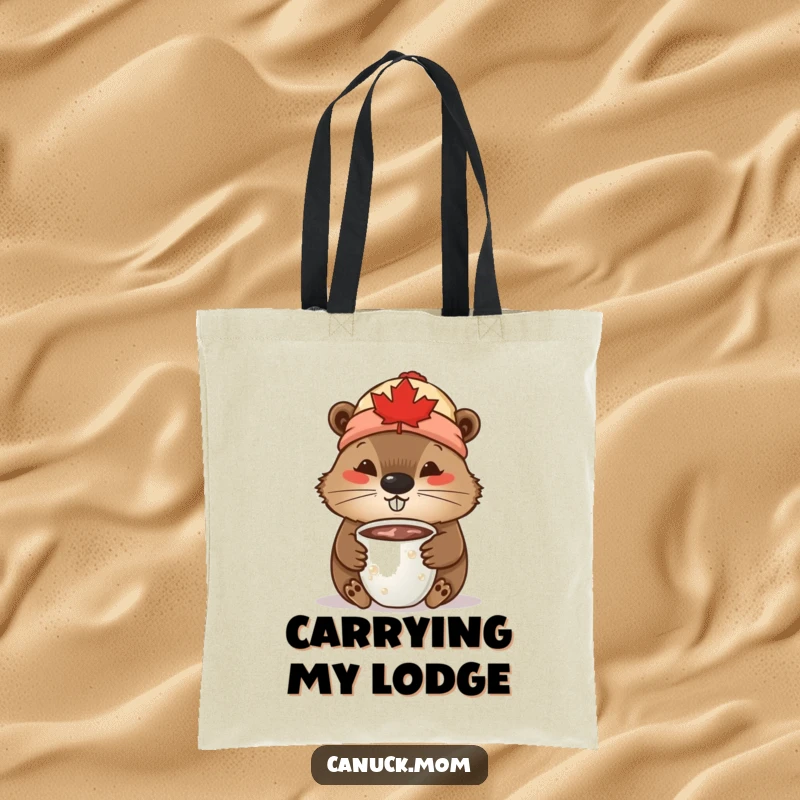 Funny Beaver Tote Bag: A cute beaver wearing a maple leaf toque is sipping from a mug of hot chocolate.
