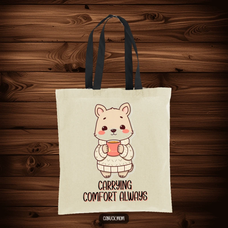 Funny animal in a cozy sweater sharing a warm drink, a humorous and practical tote bag.