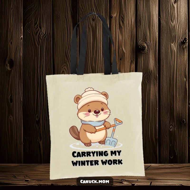 Funny Kawaii Beaver Tote Bag: A cute beaver in a toque shoveling snow, ready for winter errands.