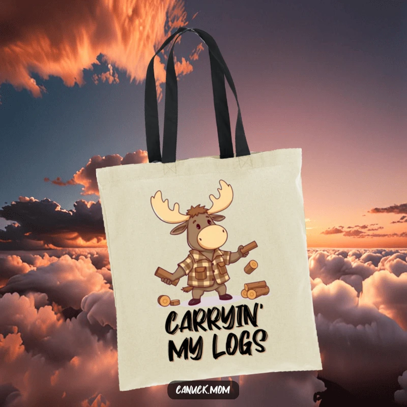 Funny Moose Lumberjack Tote Bag, showing a cartoon moose in a lumberjack outfit, skillfully juggling miniature logs, a stylish and humorous carrier.
