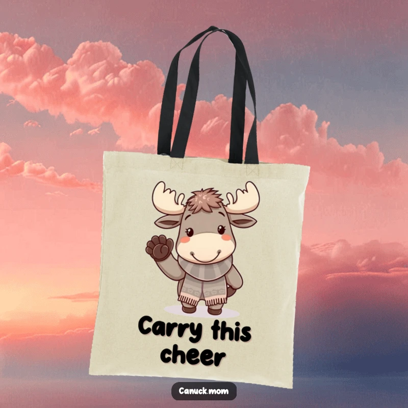 Funny moose with a knitted scarf waving hello, on a humorous and practical tote bag.