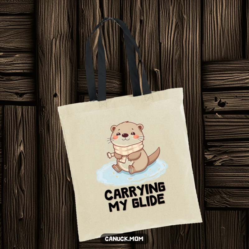 Funny Otter Scarf Tote Bag: A happy otter wearing a tiny scarf slides on a frozen puddle, ideal for carrying necessities.