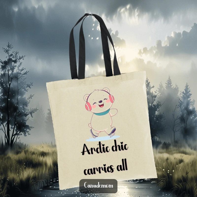 Funny polar bear wearing earmuffs giggling while ice skating, a charming and humorous tote bag design.