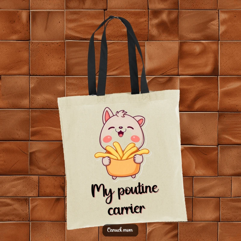 Funny tote bag with an animal character smiling widely while holding a plate of poutine.