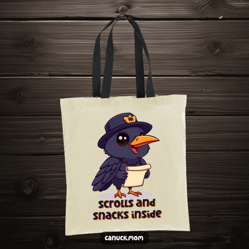 Funny Raven Mountie Tote Bag: A chatty raven in a Mountie hat holds a scroll, a humorous and functional tote.