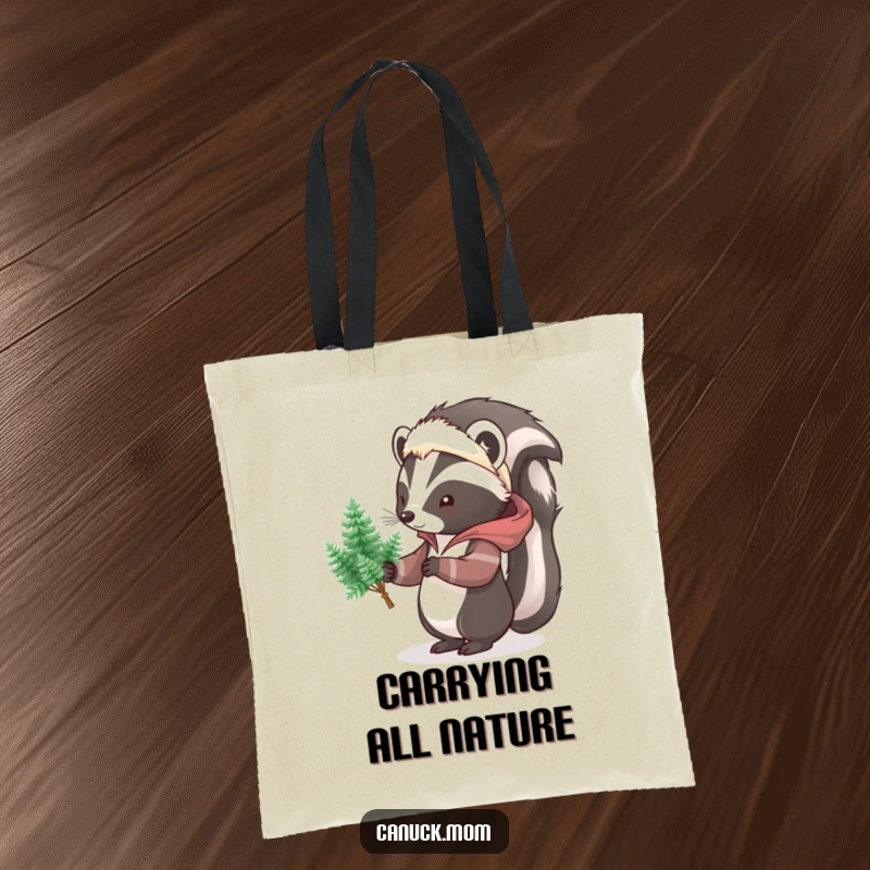 Funny Skunk Pine Tree Tote Bag, a reusable bag featuring a cartoon skunk in a parka, holding a bouquet of small pine trees, practical humor.