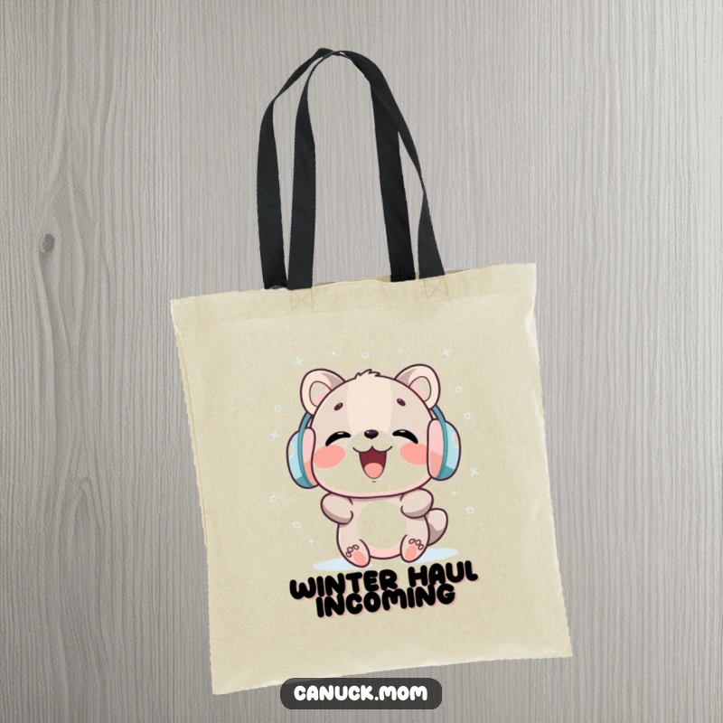 Funny tote bag with an earmuff-wearing animal gleefully catching snowflakes, bringing smiles on the go.