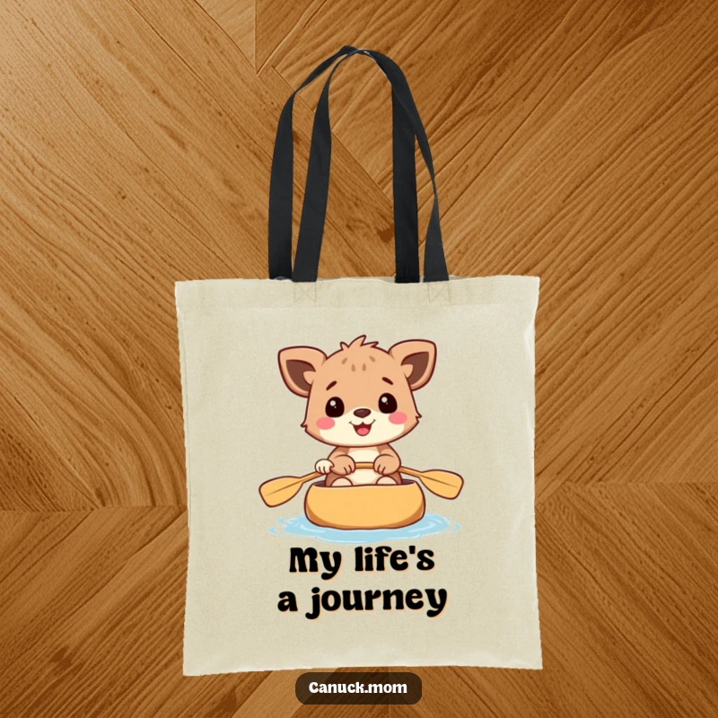 Funny tote bag with a cheerful animal paddling a canoe, perfect for carrying essentials with a smile.