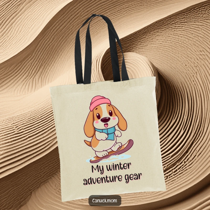 A Basset Hound carefully navigating with a snowshoe is featured on this humorous and practical tote bag.