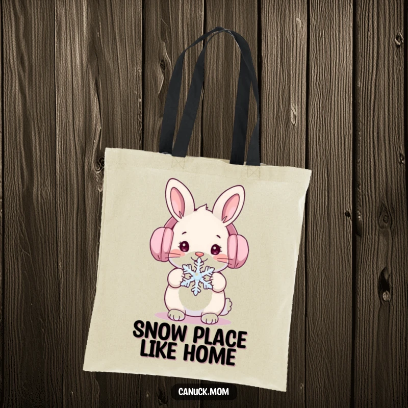 Funny rabbit in ear muffs holding a snowflake on a durable tote bag, perfect for shoppers.